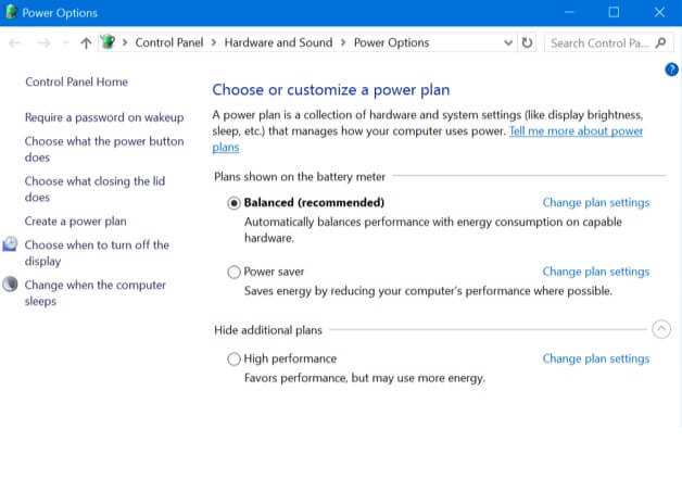 How to use power options on Windows10