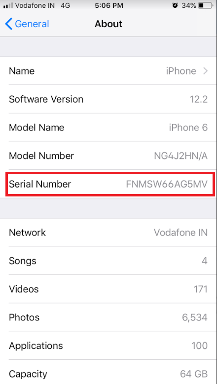 serial number in iphone