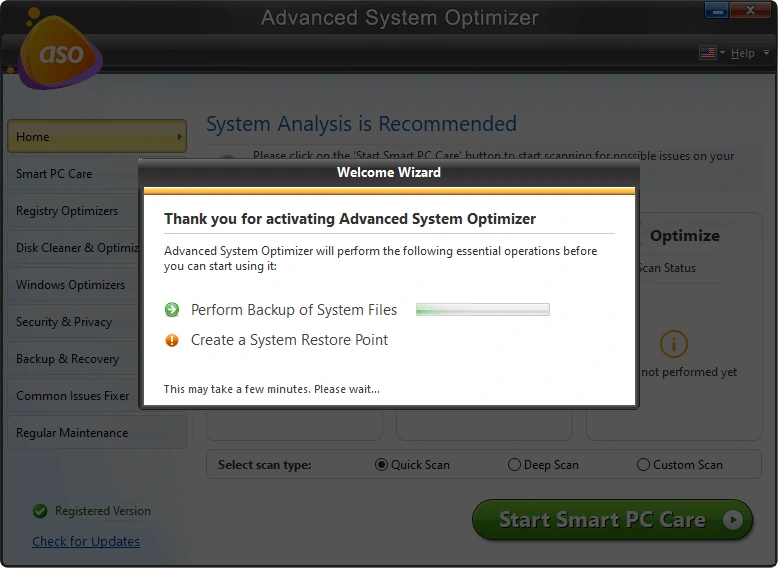Advanced system optimizer welcome wizard