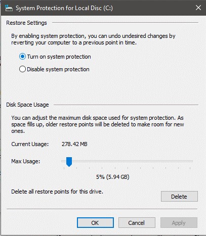 system protection local drive