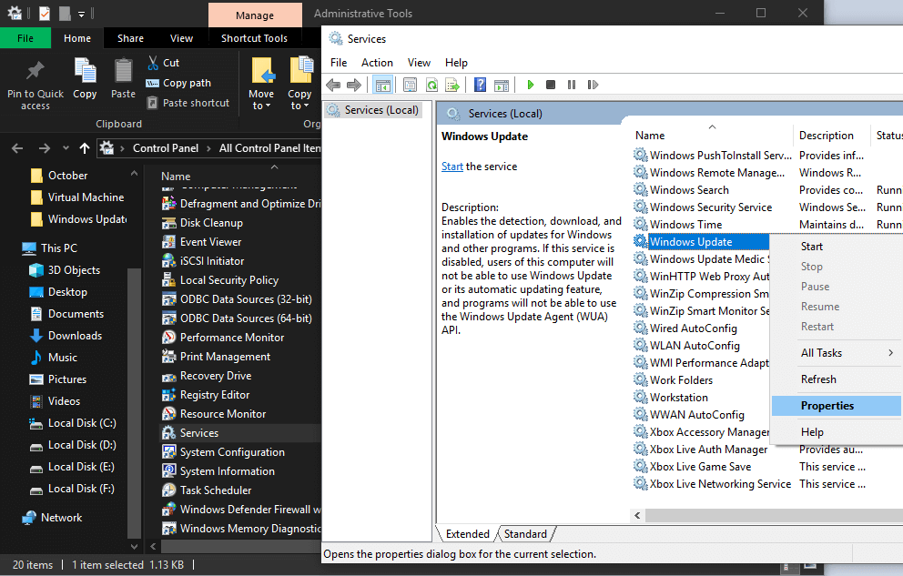 Windows Update in Administrative tool