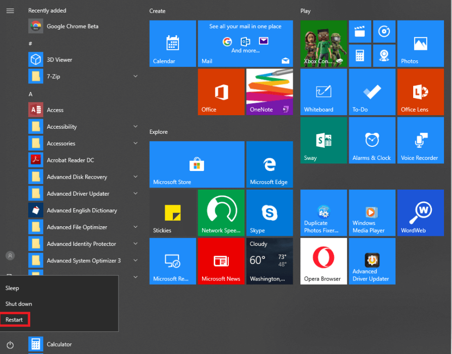 restart button - disable airplane mode windows 10