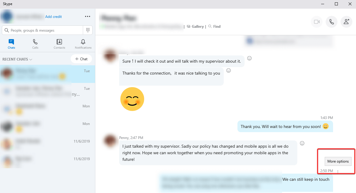 Skype chat copy options