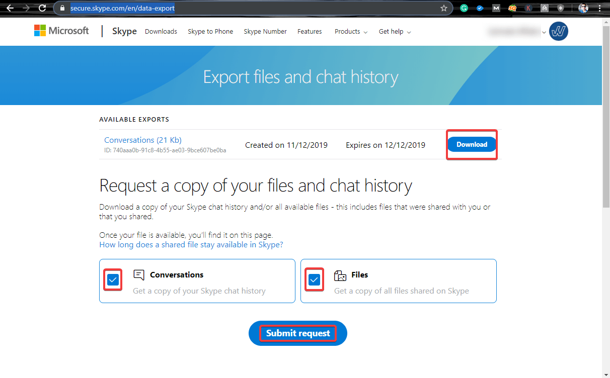 skype chat history downloaded