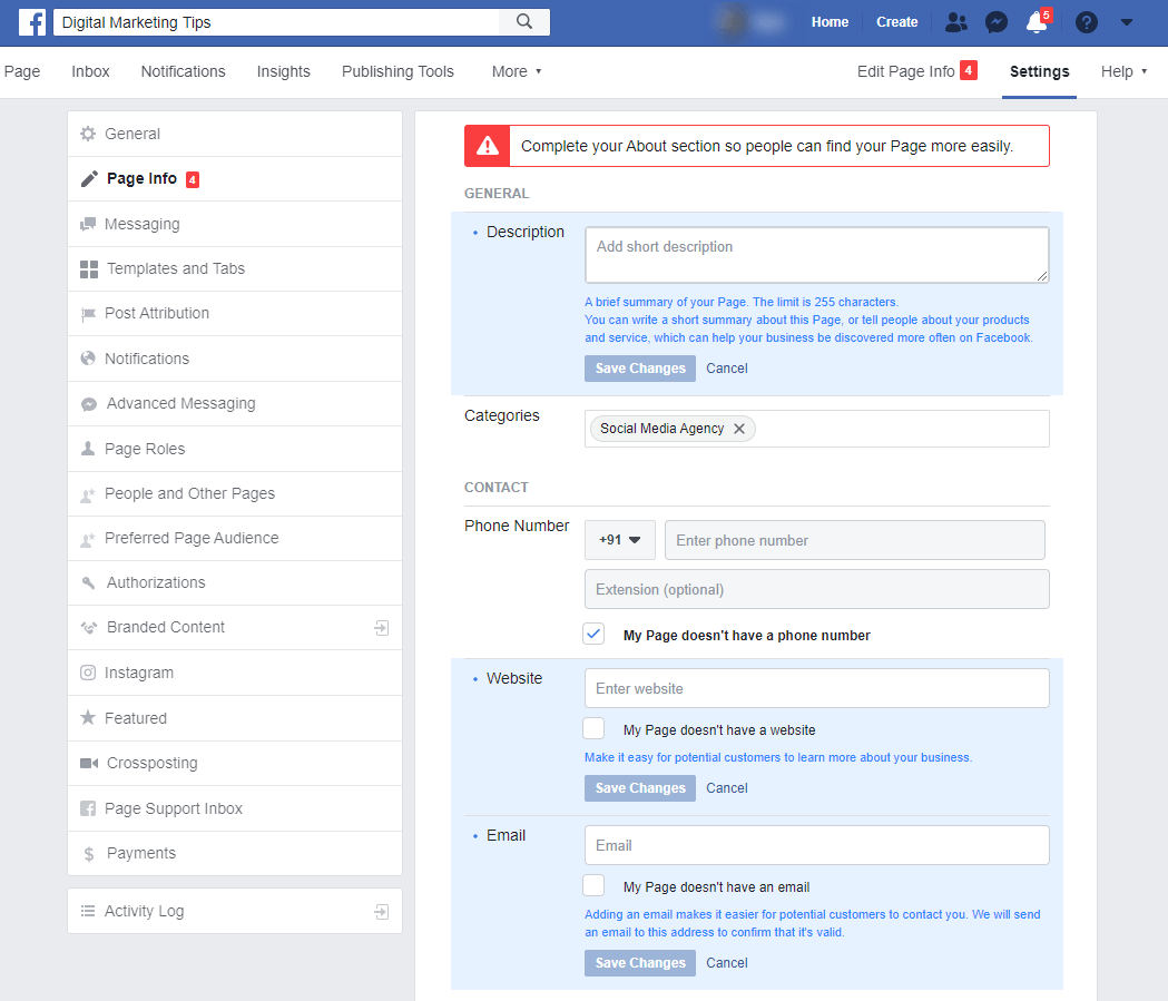 Customize facebook business page settings