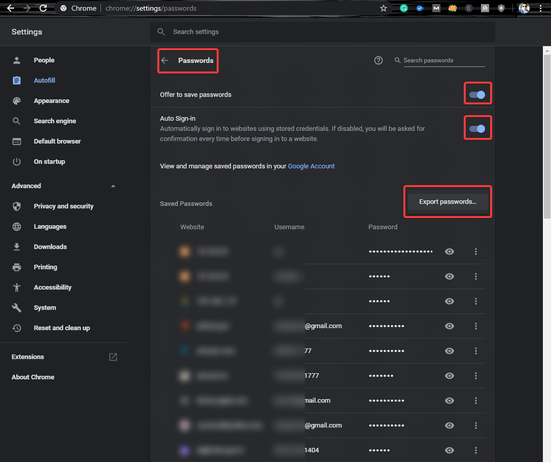 Google Chrome Password Manager - Password List