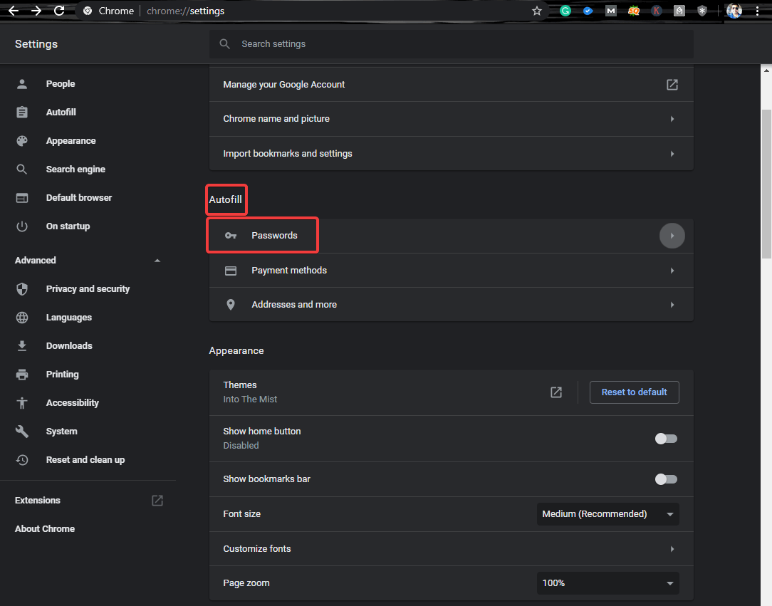 Google Chrome Password Manager Settings
