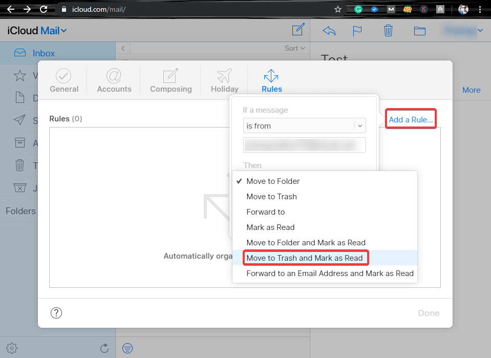 rule to move email to trash and mark as read