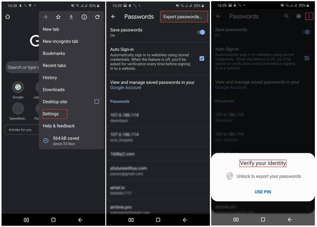 settings to view saved passwords of chrome in Android