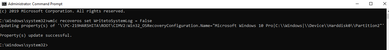 wmic recoveros set command