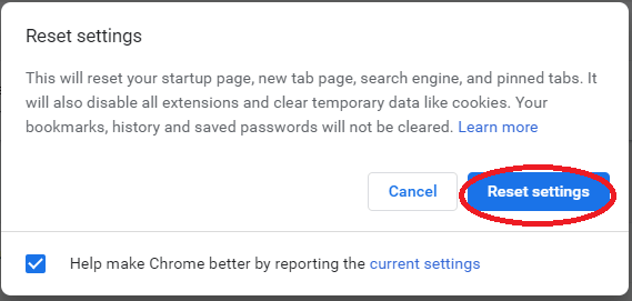 Click on Reset settings