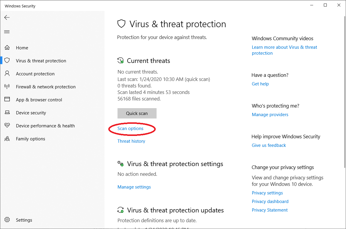 Virus & threat protection screen - Click on Scan