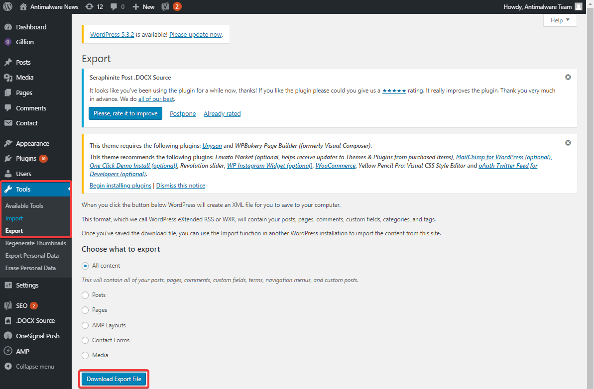 wordpress admin dashboard - Import Export Content