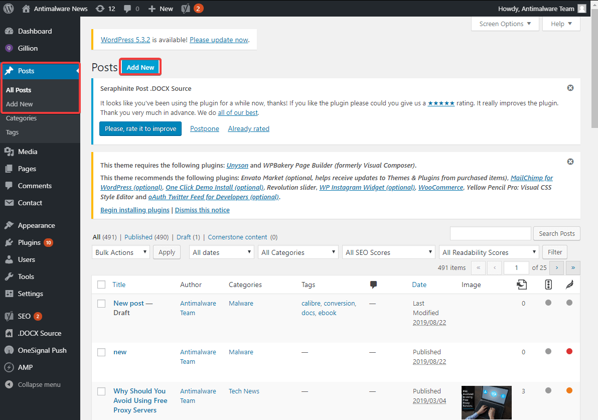 wordpress admin dashboard - add new post