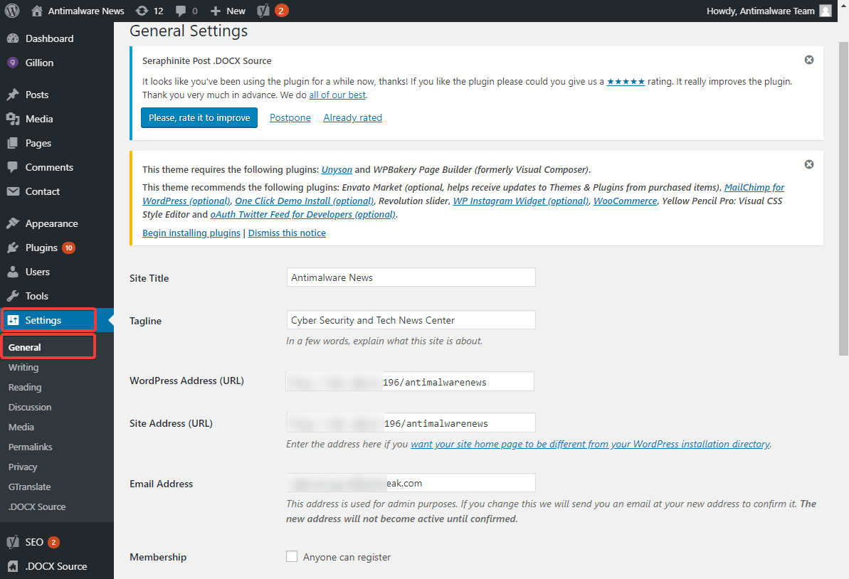 wordpress admin dashboard - general settings