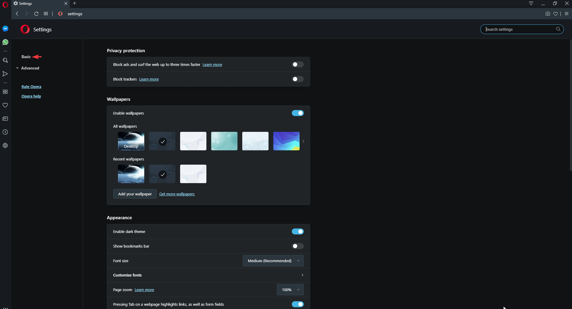 Opera Basic Settings