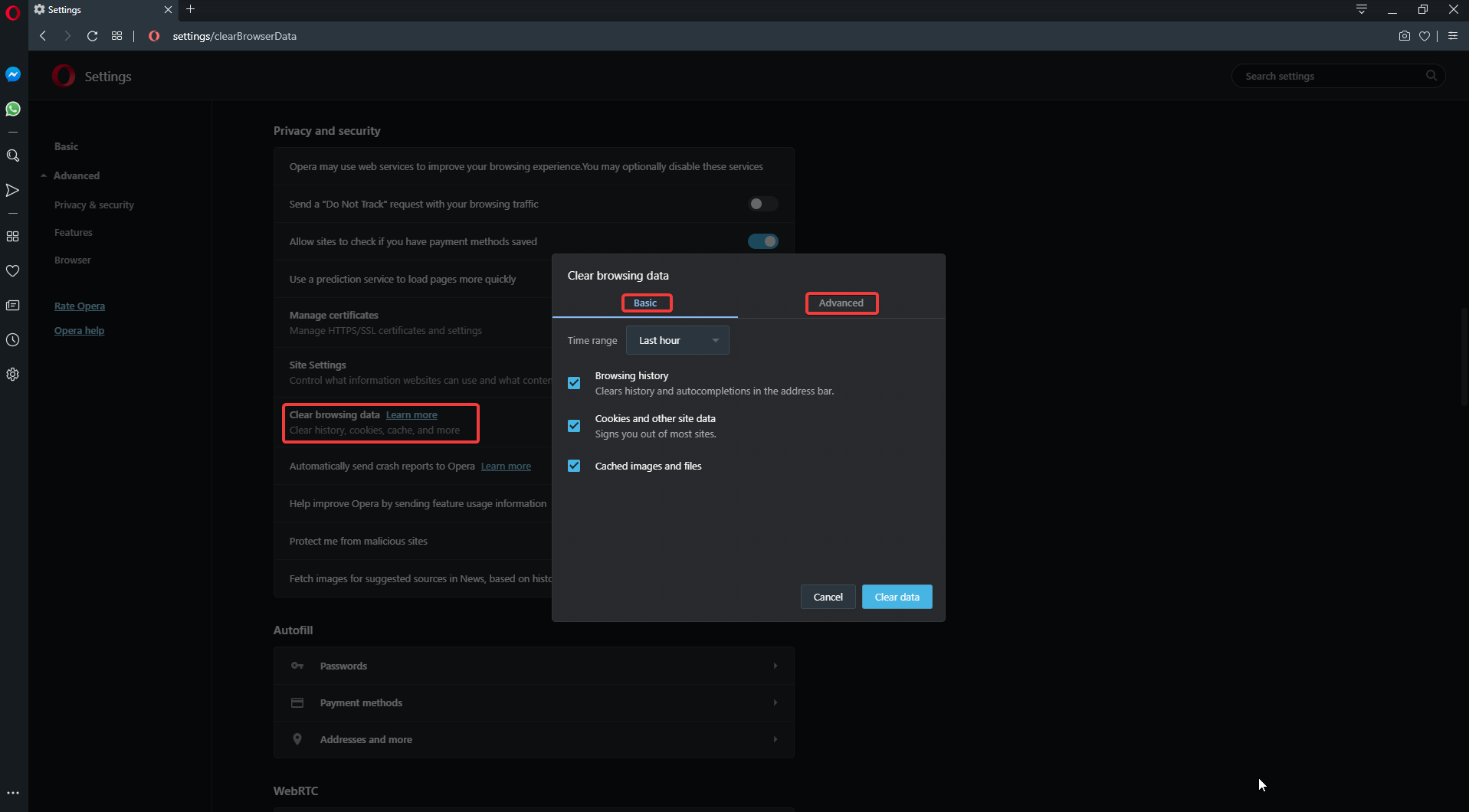 Opera Clear Data