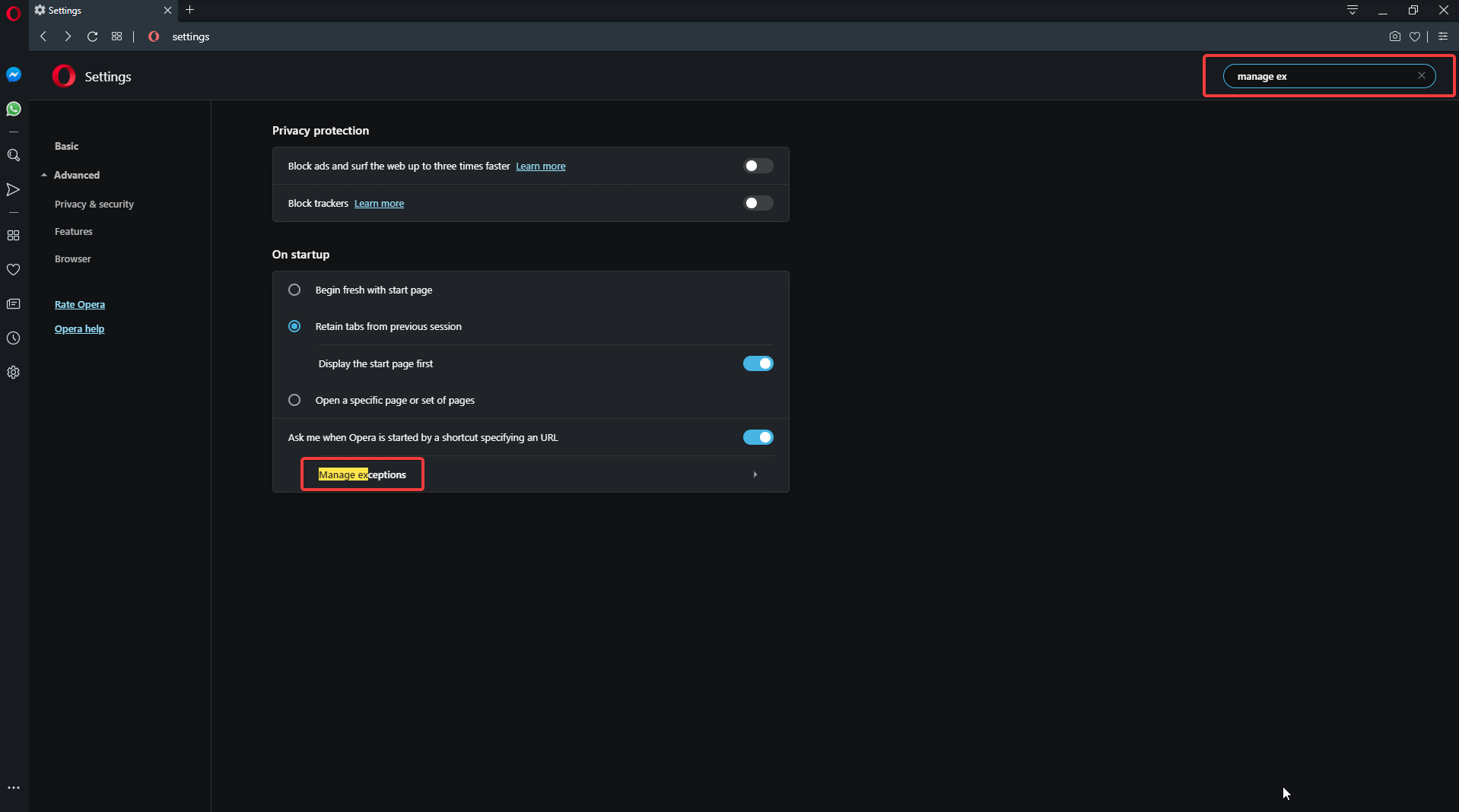 Opera Manage Exceptions