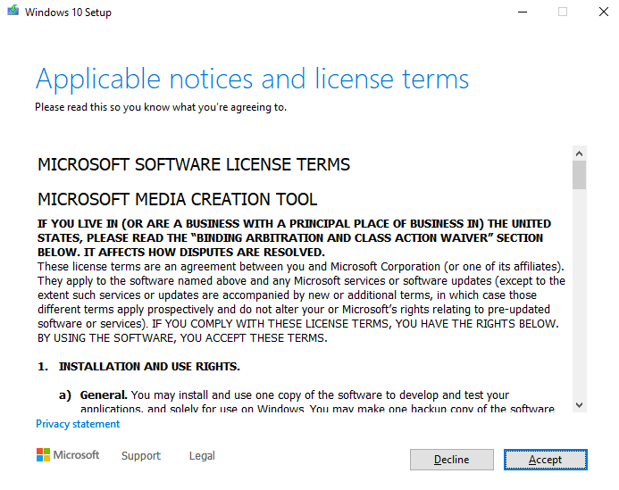 Windows 10 installation terms