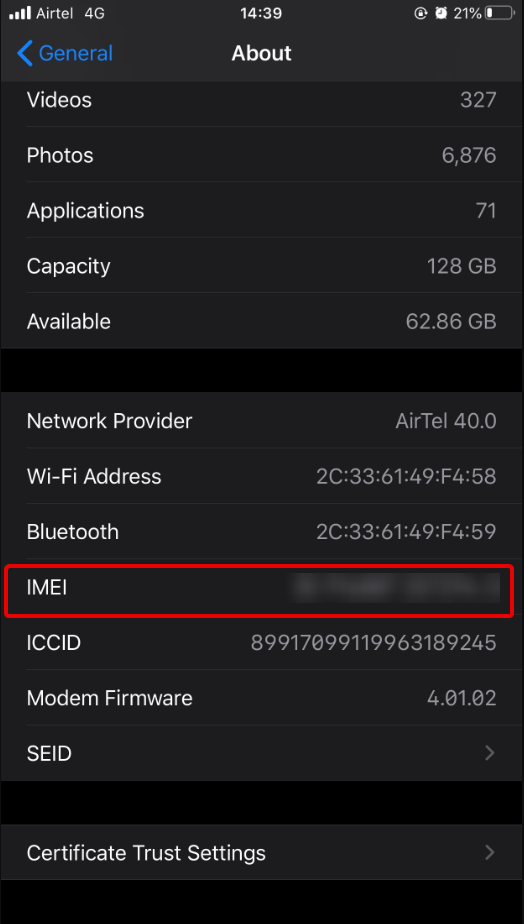 check the iPhone IMEI number