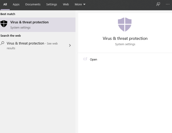 Virus & threat protection in Cortana Search