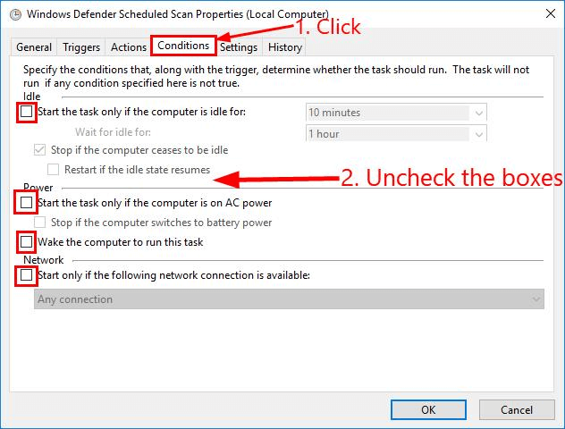 uncheck the following features