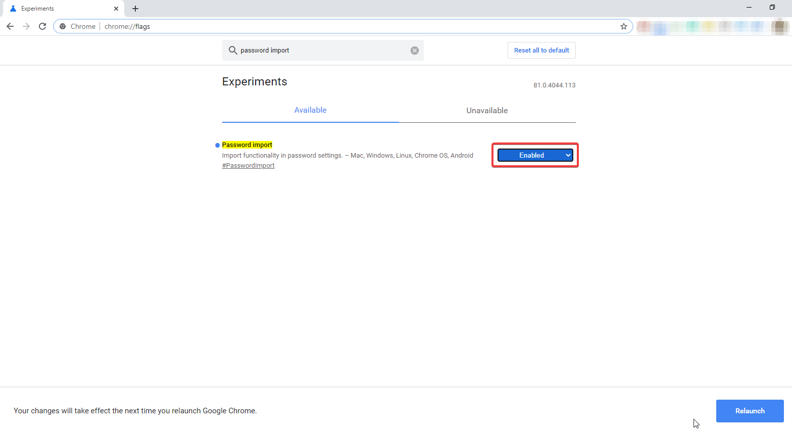 Enable the import Chrome password