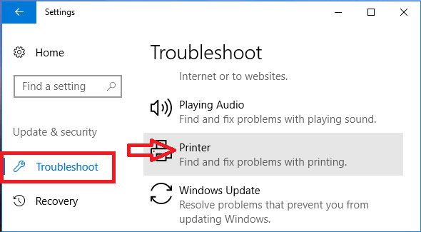 Select printer in the Troubleshoot option