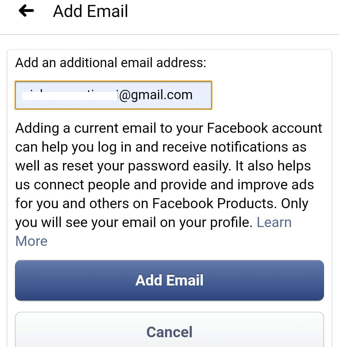 Add New Email on Facebook App