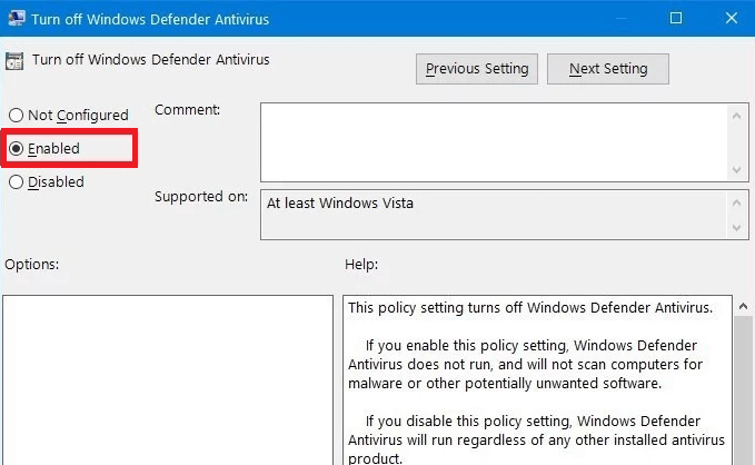 Enable Turn off windows defender antivirus