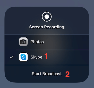 Select Skype and Start broadcast on iPhone