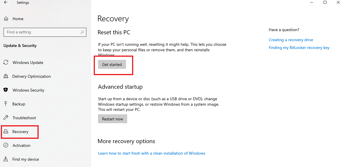 factory reset windows 10
