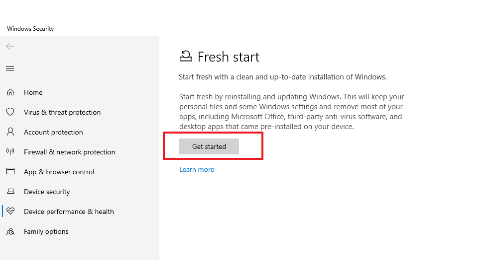 fresh start windows 10