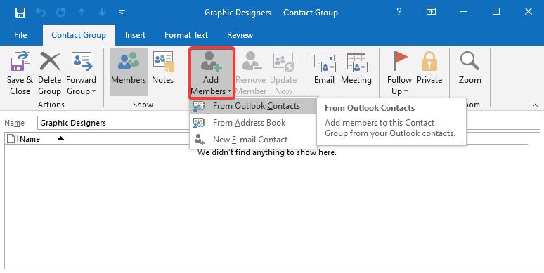 Add members to new contact group in outlook