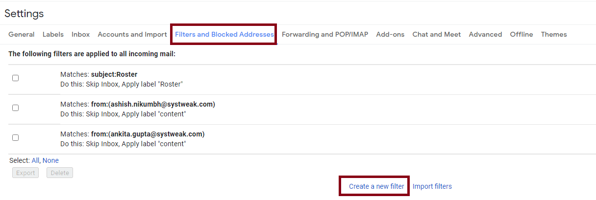 Filter and Blocked Address or Create New Filter