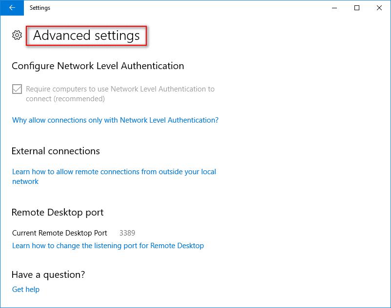 Remote Desktop connection in Windows 10