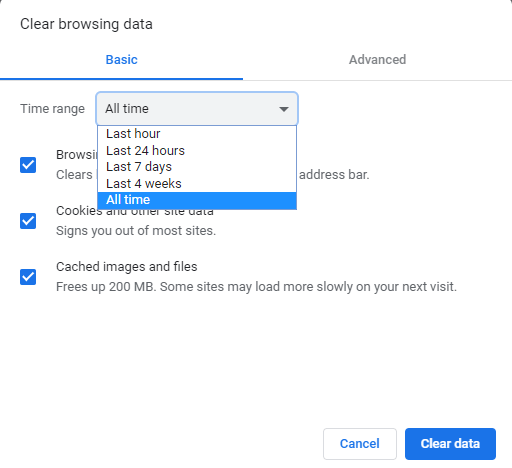 Select All Time Data to Clear Cache on Browser