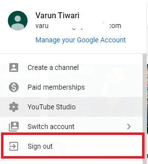 Select Sign Out on youTube