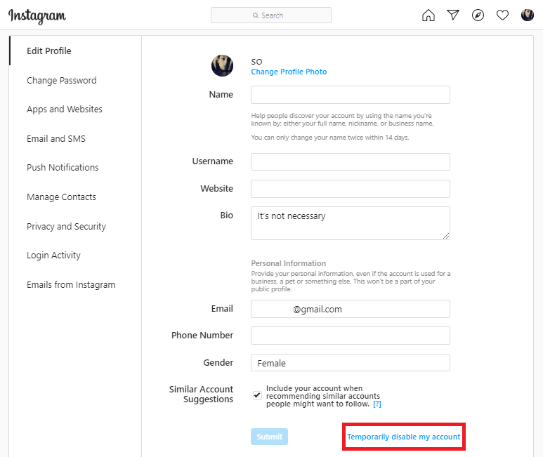 Temporarily disable instagram