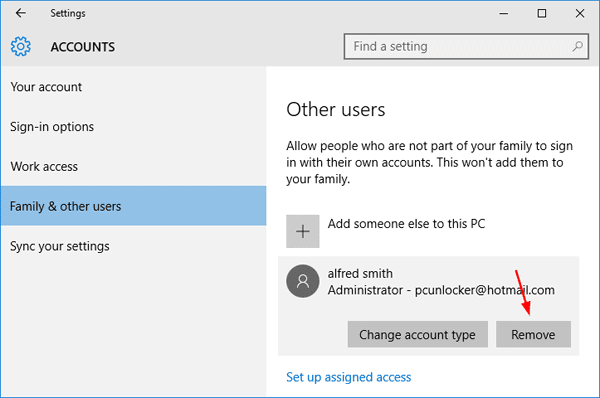 delete user account windows 10