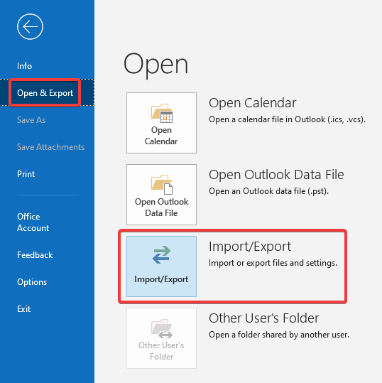 import export option in outlook