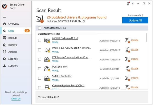 smart driver care scan result