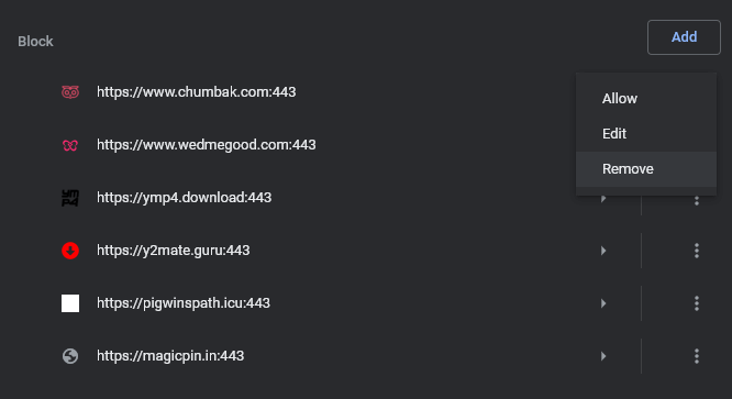 Allow and Remove sites