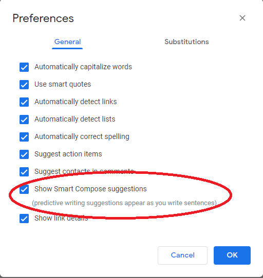 Check mark Show Smart Compose Suggestions