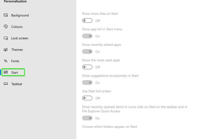 Hide folders in start menu