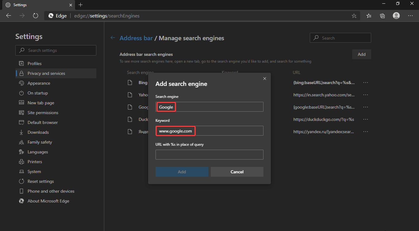 Manage search engines