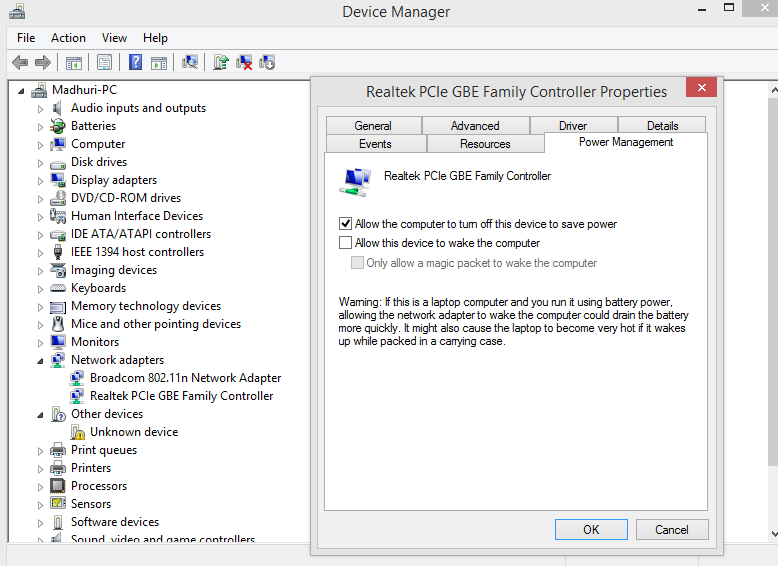 Modify Power Management Selection