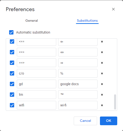 Preference Window Select Substitutions