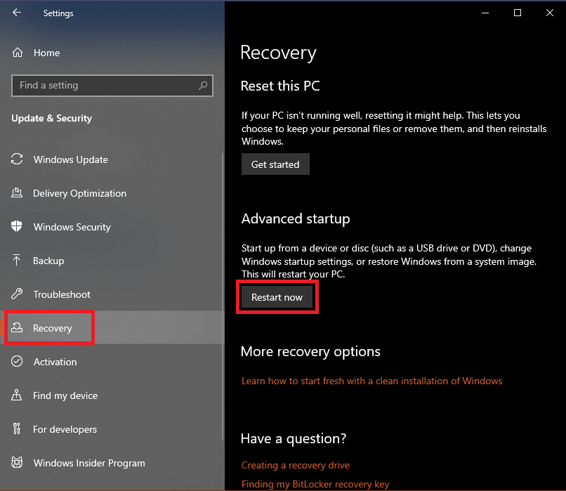 Recovery Options in Settings Window