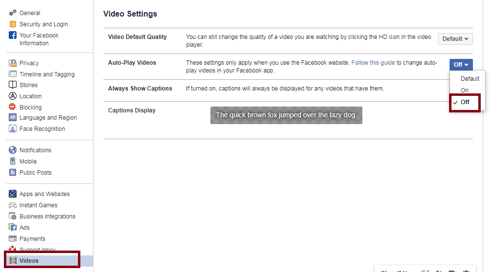 how to turn off Autoplay on facebook